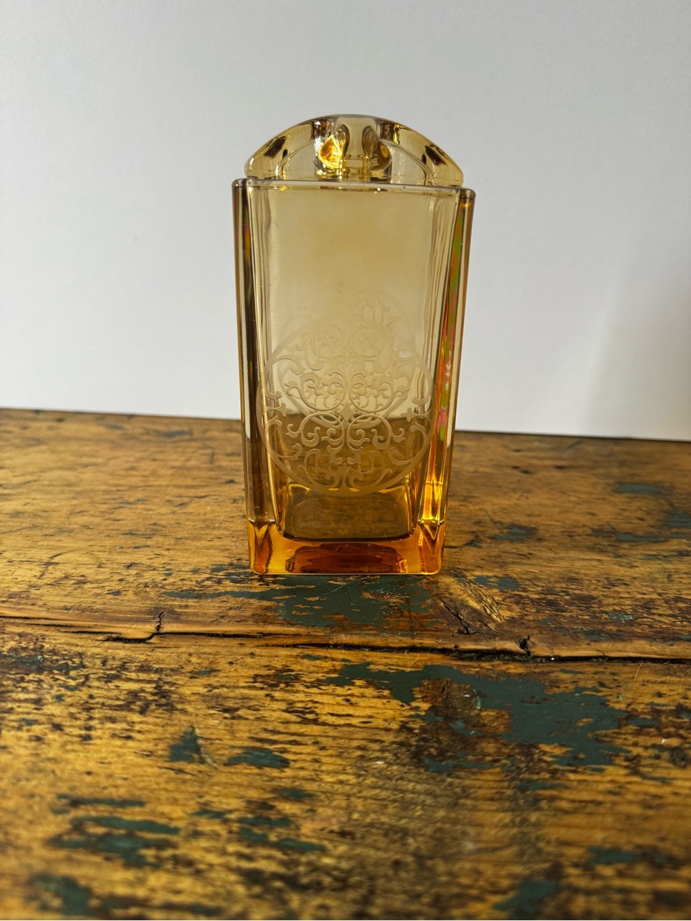 Amber Glass Vase with Attched Flower Frog and Etched Medallion